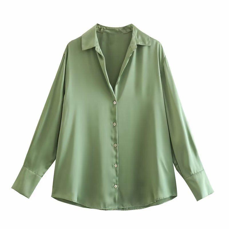 

Fashion Style 2023 New Fall Women s Clothing Slimming Versatile Long Sleeves 15-Color Silk Satin Textured Shirt 21977452 Tea Green L