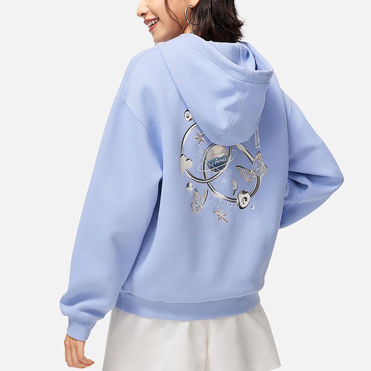 Li Ning Sportovní lifestylová série Mikina s kapucí a potiskem písmen, ležérní pulovr s dlouhým rukávem, dámská mikina, Chuan-šedá-modrá AWDU042-2