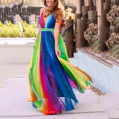 Women's Summer Halter Deep V Rainbow Casual Long Dresses