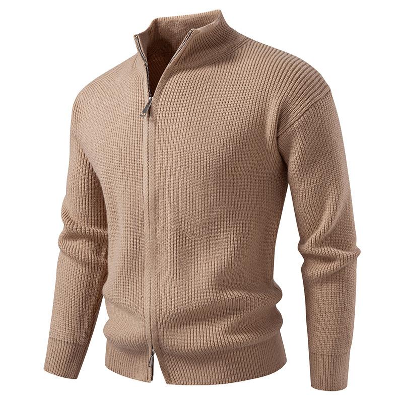 Men's Solid-Color Winter High-Neck Double-Zip Cardigan Sweater Jacket