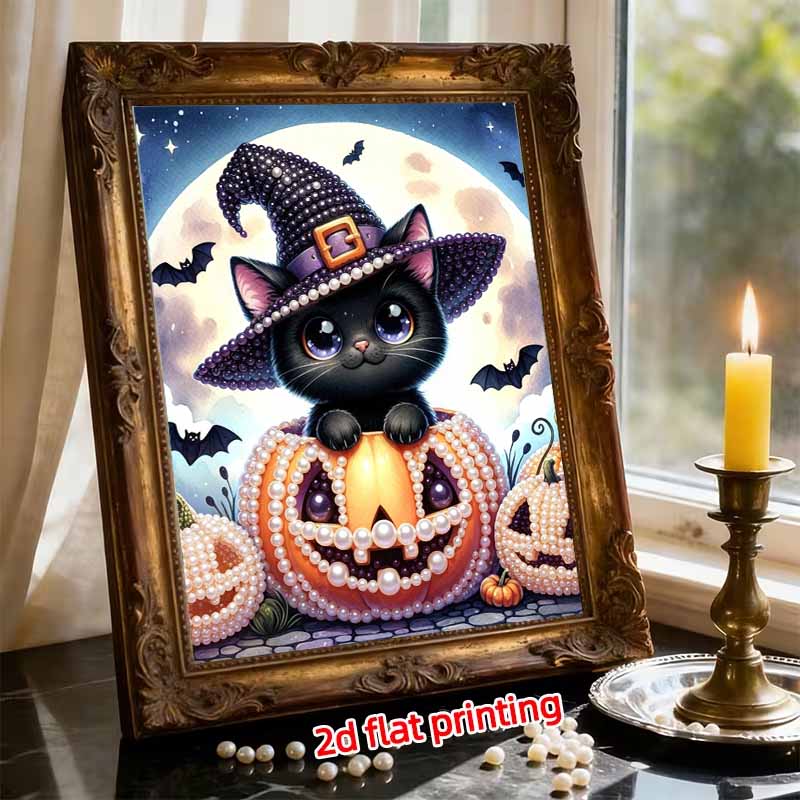 Pearl Painting DIY Kit Frameless Halloween Black Cat Pumpkin Pattern Shiny Bead Art Canvas Creative Wall Decor Holiday Gift