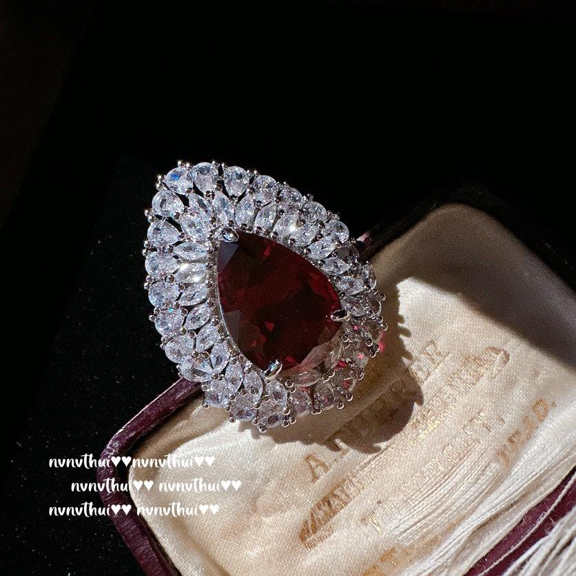 Wine-Stained Rose Drop Gemstone Earrings, Palatial, 18K Gold-Plated, Rubillon Fan-Shaped Zircon Earrings Ring