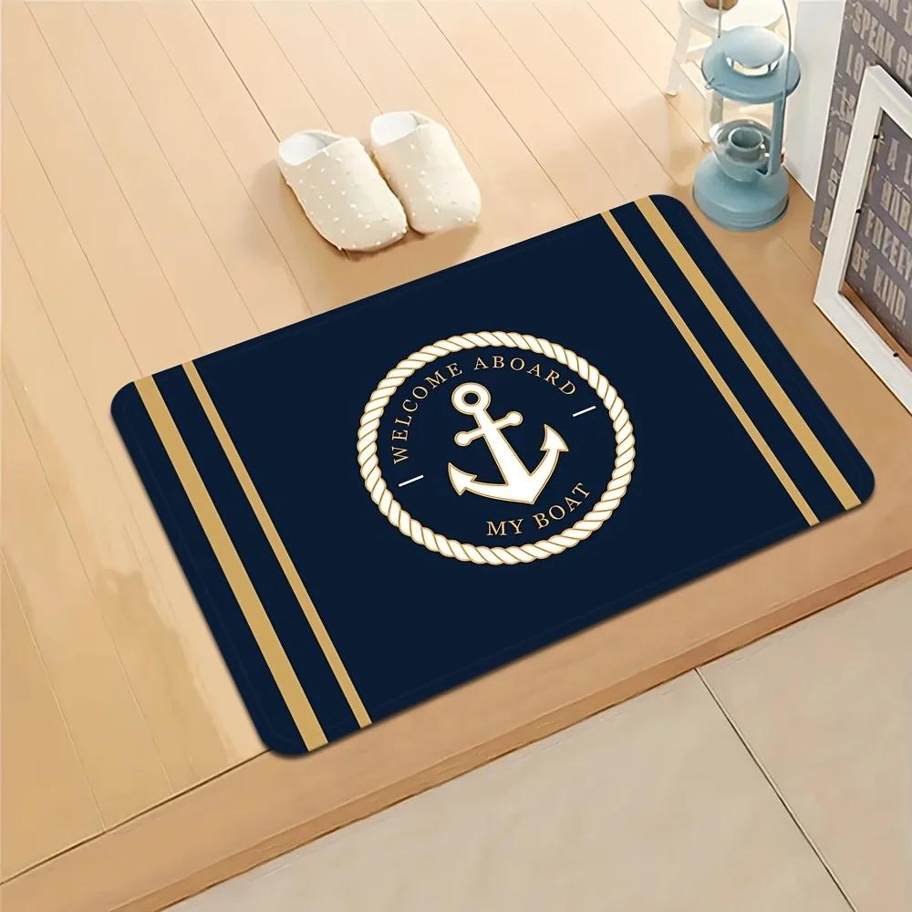 Tappetino di Benvenuto con Ancora Nautica Tappetino Antiscivolo Morbido "Benvenuti sulla Mia Barca" Decorazione Blu Navy/Oro per Interni Soggiorno