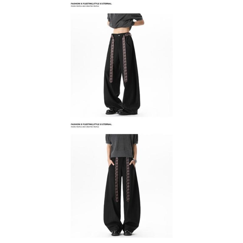 Vintage Contrast Plaid Belted Wide Leg Loose Casual Pants For Men