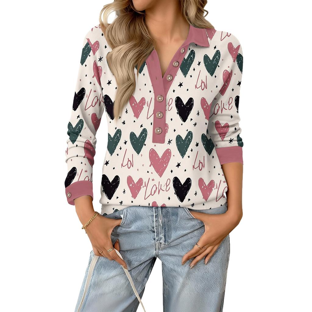 Damen Retro Street Lässiger V-Ausschnitt Langarm Knopf Valentinstag Herz Pullover Top