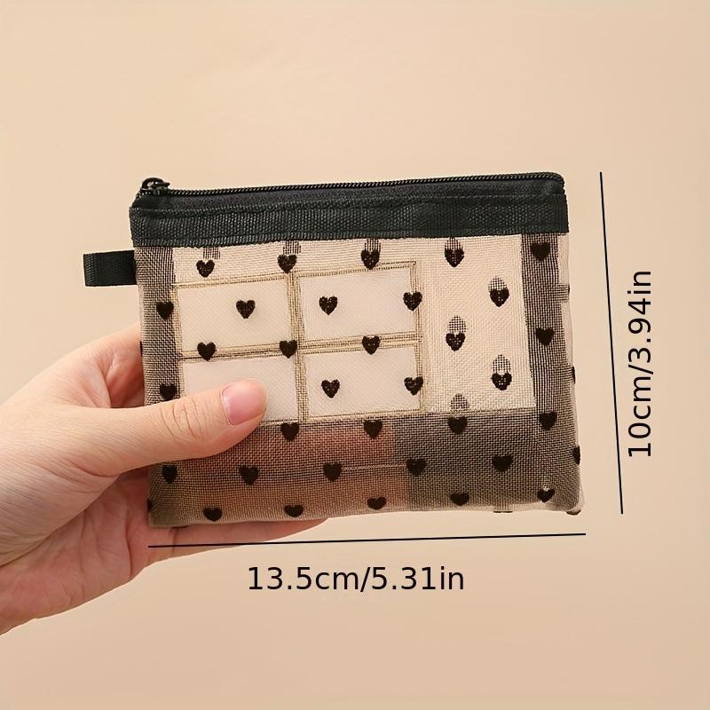 

Trendy Mesh Heart Cosmetic Bag, Portable Zipper Toiletry Organizer, Perfect Lipstick Bag Coin Bag Carry-on Storage Bag S бежевый