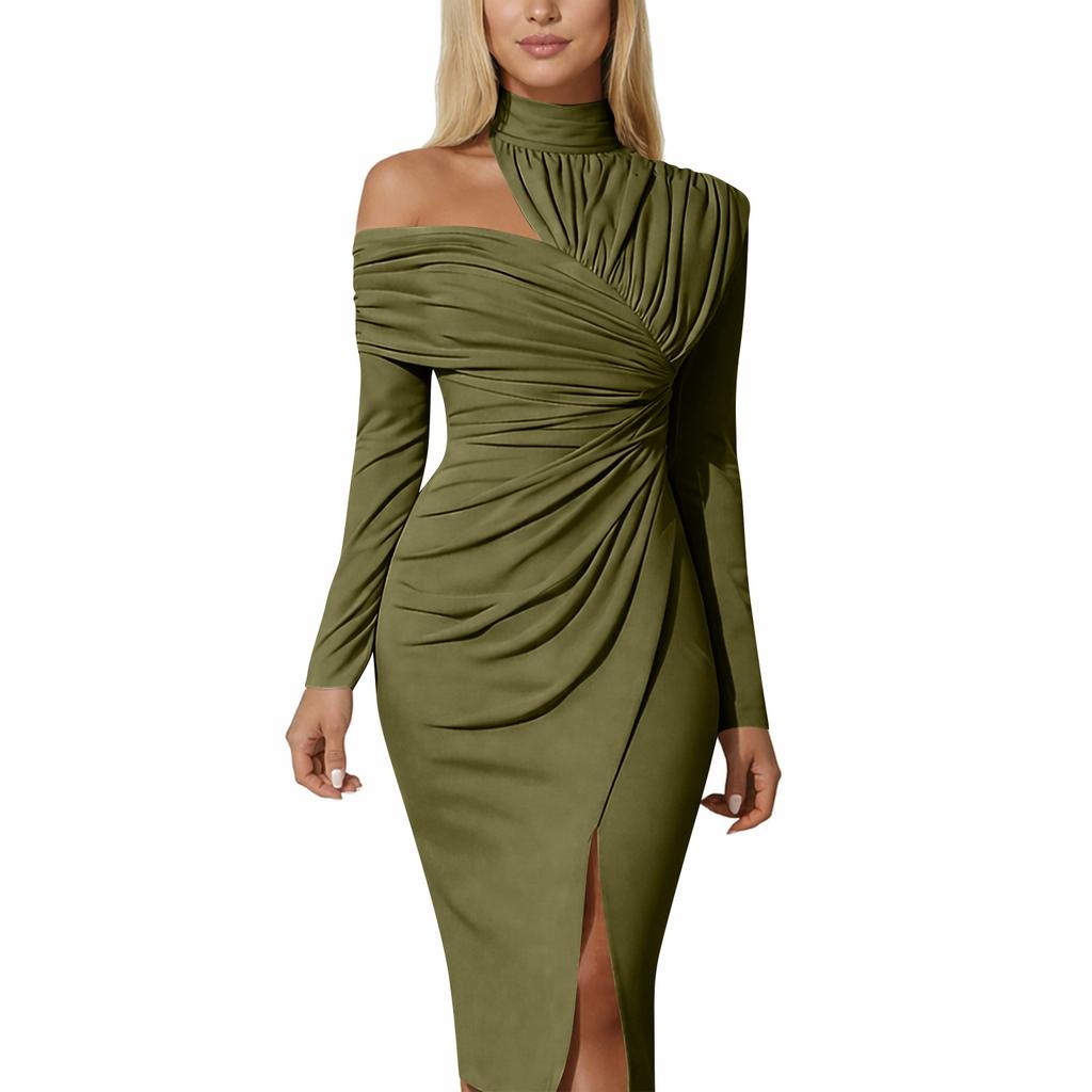 Dámské letní módní barevné šaty s dlouhým rukávem, odhalujícími ramena a rozparkem, s elegantním a štíhlým střihem, podtrhující temperament