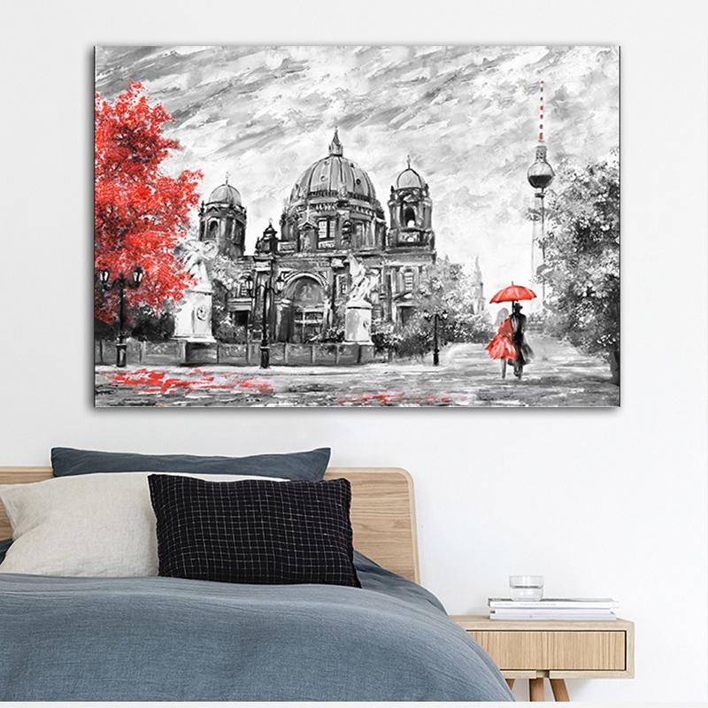 Solid Wood Frame Rain City Street Scenery Paris Canvas Painting Landscape Red Tree Yellow Car Pictures For Living Room Wall Art Decor