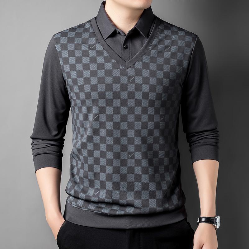 

Мужская весенне-осенняя принтованная контрастная цветная футболка с геометрическим узором, отложной воротник, длинный рукав, имитация двух частей, модные топы XXL синий