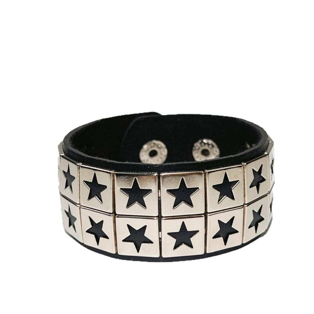 Multi-Layer Wide Leather Bracelet Punk Style Studded Wristband with Star-Shaped Metal Rivets Adjustable Snap Closure