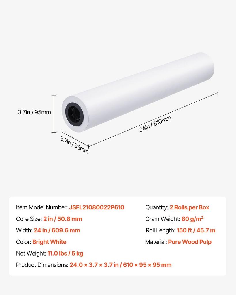 Wide Format Paper, 609.6 Mm X 45.7 M Plotter Roll, 2 Rolls CAD Bond Rolls with 50.8 Mm Core, 80 GSM Plotter Roll Rolls, for CAD Drawings, Engineering