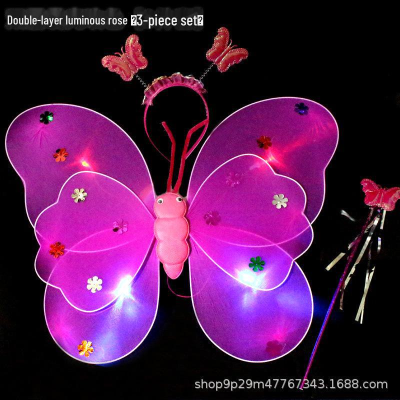 Children's Glow Angel Costume: Girl's Gauze Skirt with Flashing Wings and 20-Light Butterfly Design, 3-Piece Set.