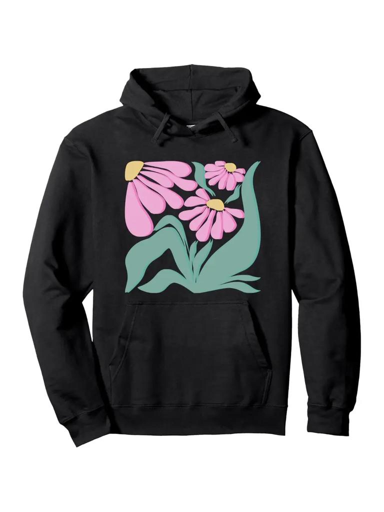 Black Floral Abstract Hoodie - All-Season Pullover Sweatshirt with Pink & Green Botanicals