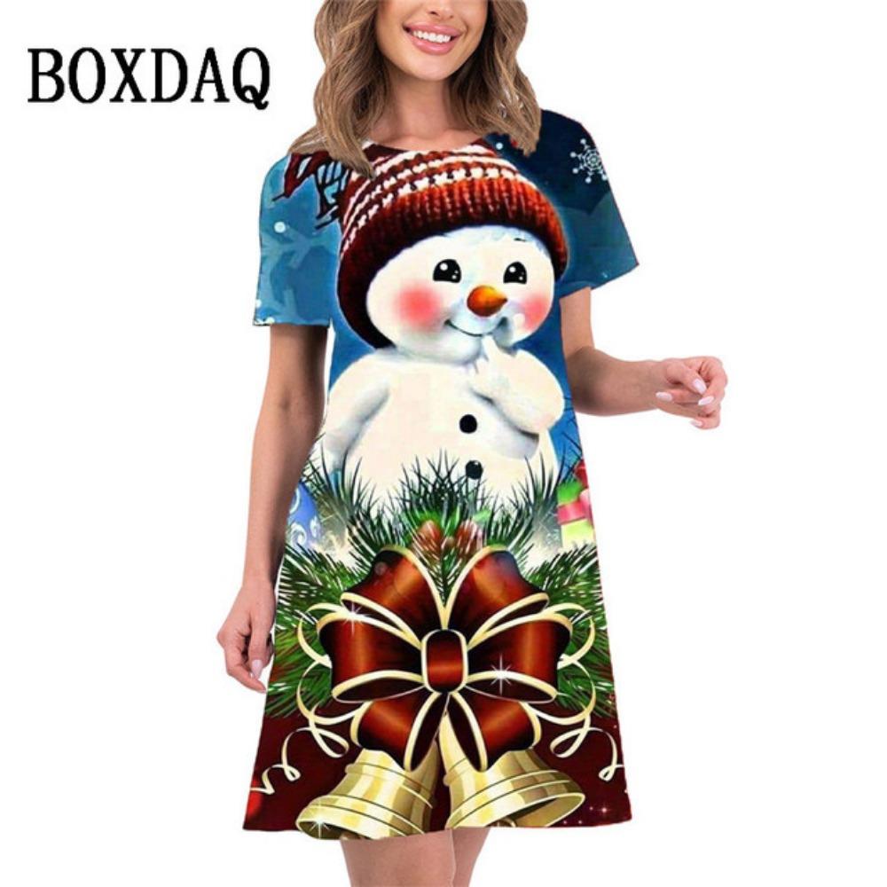 2026 new summer women's elegant christmas tree print mini dress short-sleeved loose casual beach sweet dress
