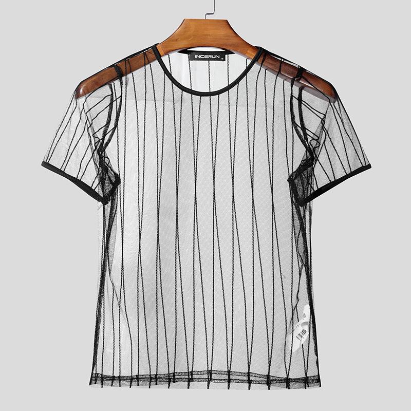 INCERUN Summer Men Short Sleeve Mesh Sheer Striped Ftiied Cropped T-shirts