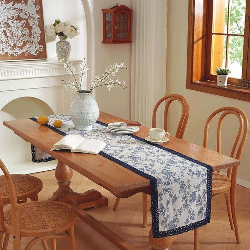 Tischdecke aus Baumwoll-Leinen mit blauem Blumenmuster im Landhausstil, waschbar, robust, in verschiedenen Größen erhältlich