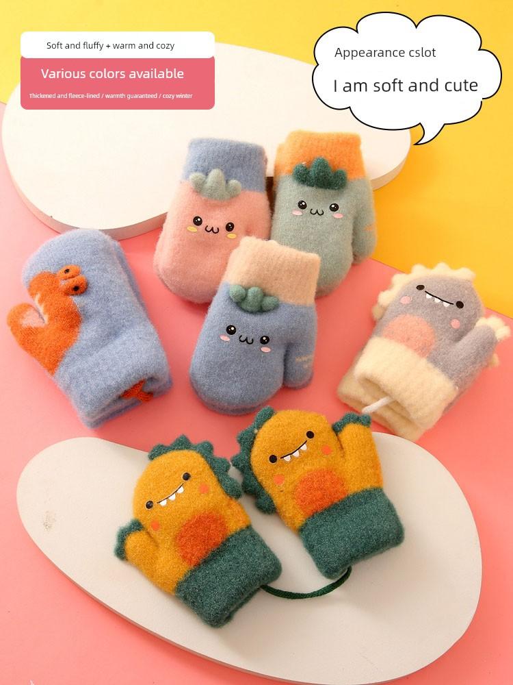 Baby Gloves for Autumn and Winter, Thickened and Fleece-Lined for Warmth, Suitable for Toddlers, Boys and Girls, Cute Dinosaur Design, Mittens