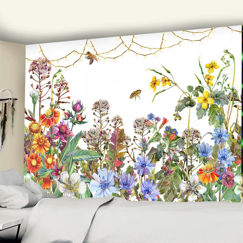 Blomma Bi Tapestry Väggbonad Bohemisk Tropisk Växt Hippie Bohemisk Sovsal Modern Stil Bakgrundsduk Dekor