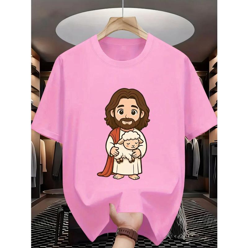 European sizes Cute Sheep Cartoon Character Print Pattern, Comfortable for Outdoor Sports and Indoor Daily Casual Wear, Boys' Fashion T-Shirt