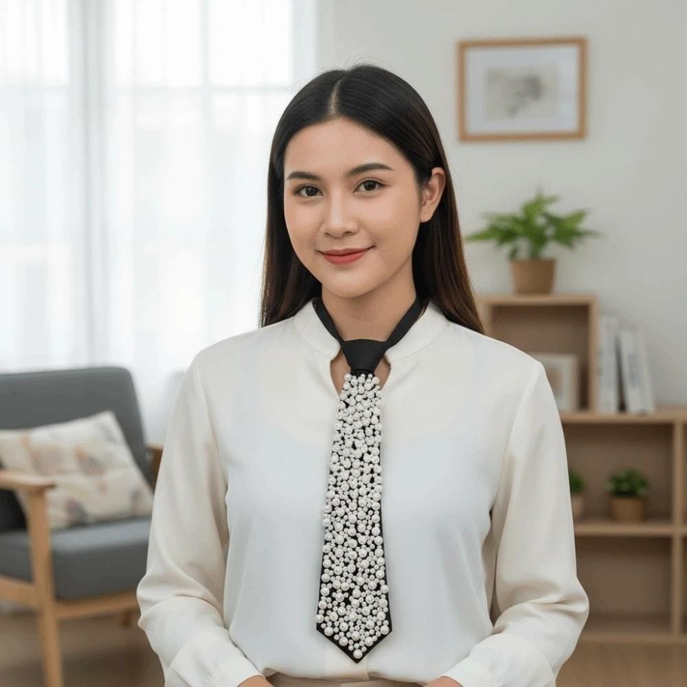 Korean Style Full Pearls Tie Black Decoration Shirt Tie Hand-beaded Long Necktie  Performance