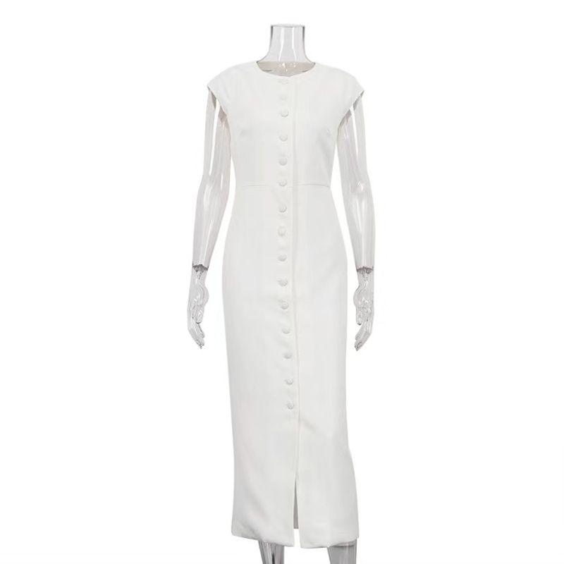 

Fashion New Arrival Fashion White round Neck Flying Sleeves Single Breasted Dress Single Brewed Dress White S