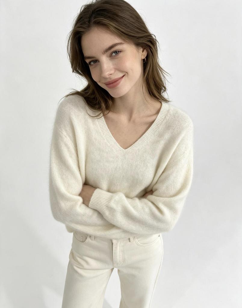 Women’s High-End Plush Wool-Cashmere V-Neck Sweater - Seamless, Soft, Stitched Knit Top