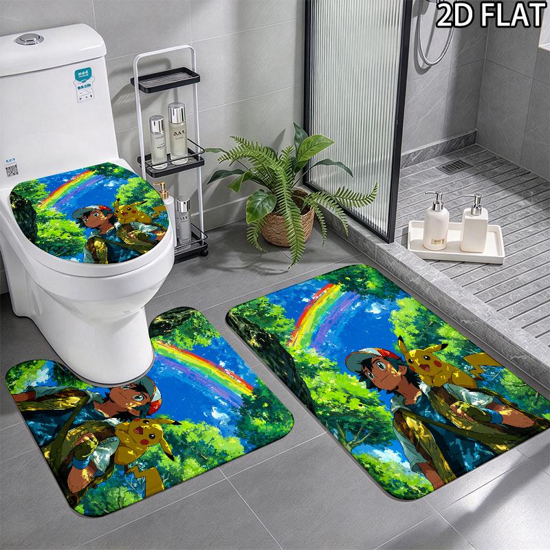 3pcs Ash Ketchum Pikachu Art Pattern Flannel Nonslip Absorbent Washable Decorative Bathroom Home Toilet Seat Cover Mat