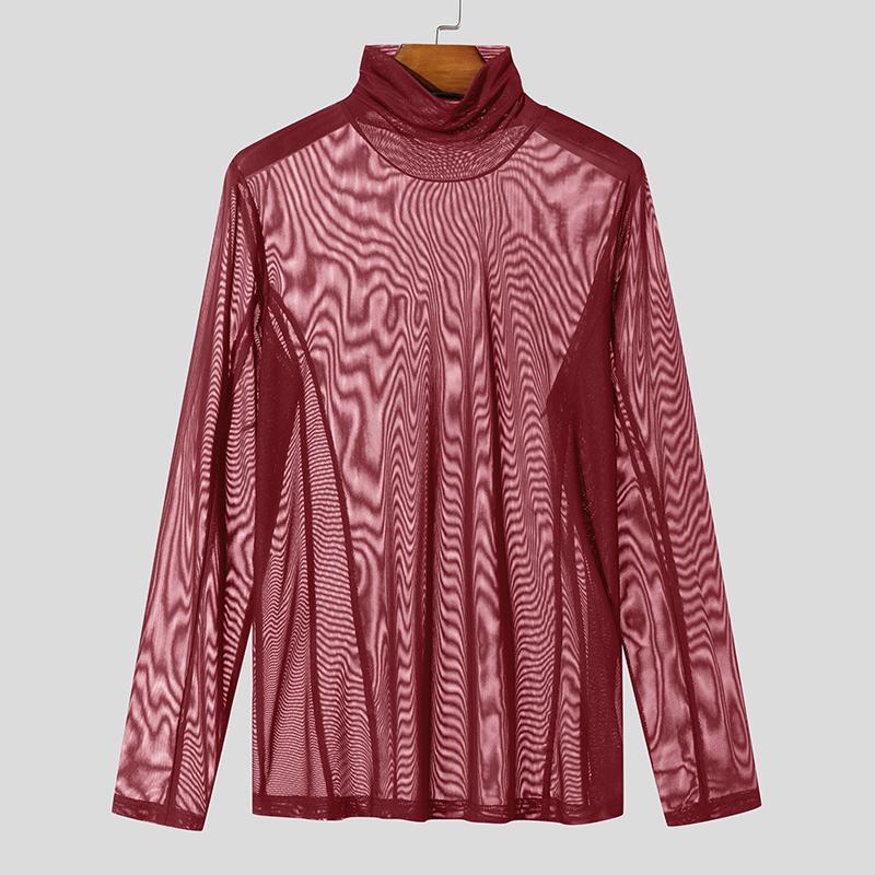 INCERUN Men Turtleneck Long Sleeve Mesh Skinny Tops See Through T-shirts Undershirt