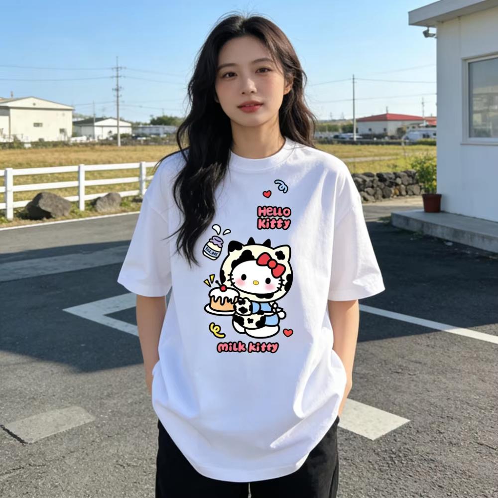 

2026 Summer Hello Kitty Cartoon Printed Short Sleeve Pure Comfortable summer loose Tshirt for Women S