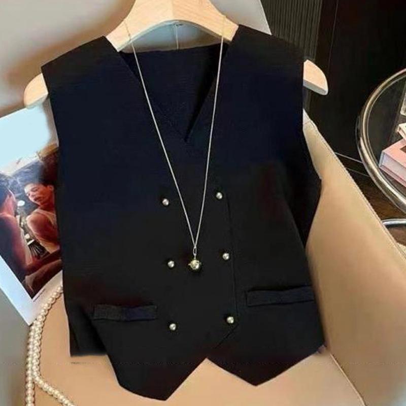 

Французский ретро-двубортный асимметричный безрукавный трикотажный жилет с V-образным вырезом для женщин чёрный