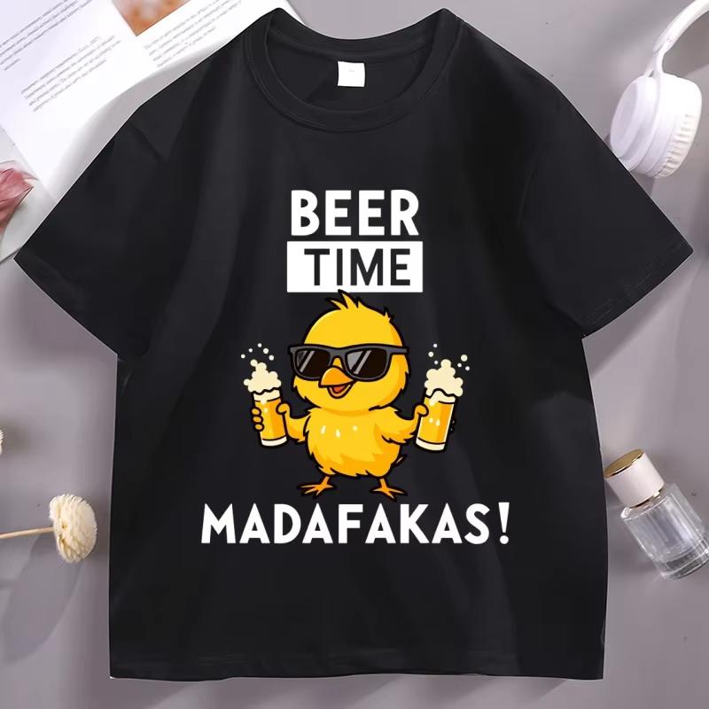 Beer Time Madafakas Tshirts Fun Chick Mascot Holding Two Beers TShirts Party Decor Tshirt Men Women Summer Drink Tee Shirts