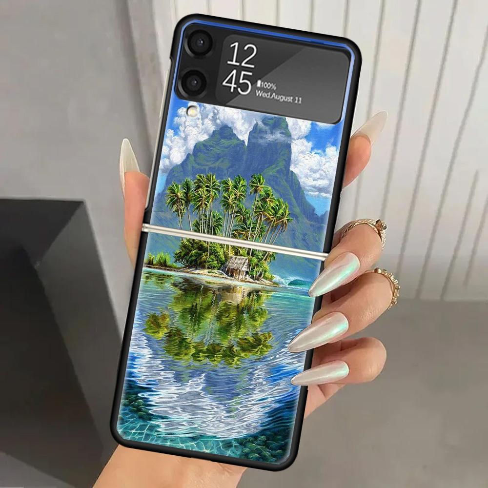 Sommer Strand Sonnenuntergang Meer Palme Harte PC Handyhülle Für Samsung Galaxy Z Flip 6 5 4 3 Schwarze Hülle ZFlip6 Flip5 Flip4 5G Faltbar