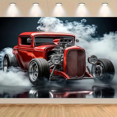 Classic Car-themed Photography Background Cloth - 1 Piece, Retro Vehicle and Smoke Party Background, Home Cake Table Decoration