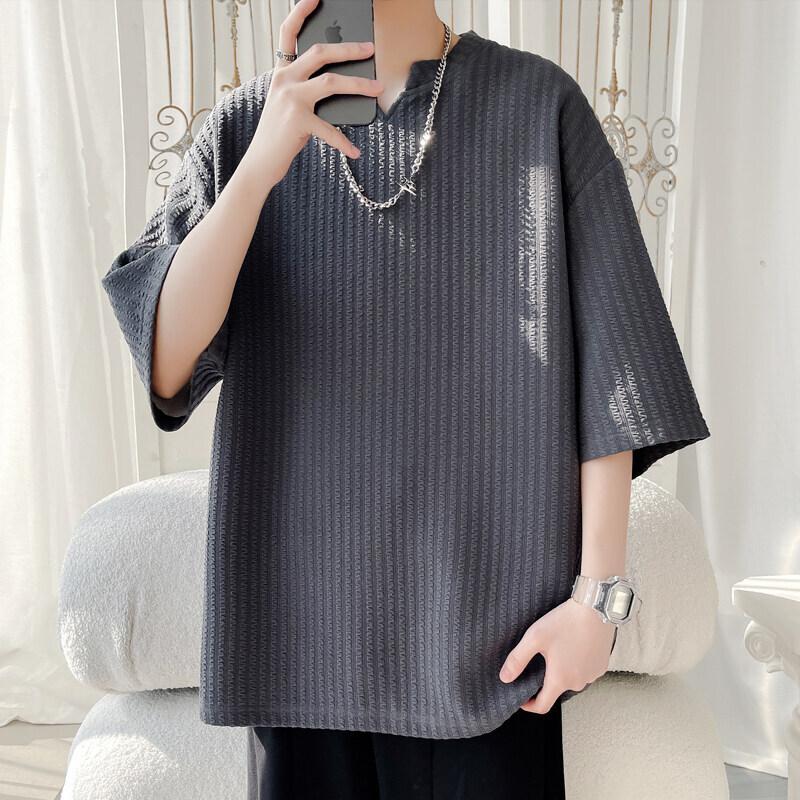 Summer Short Sleeved T-shirt Men Casual Pleated T Shirt Men Streetwear Hip-hop Loose Striped T Shirt Mens Top Large Size 5XL