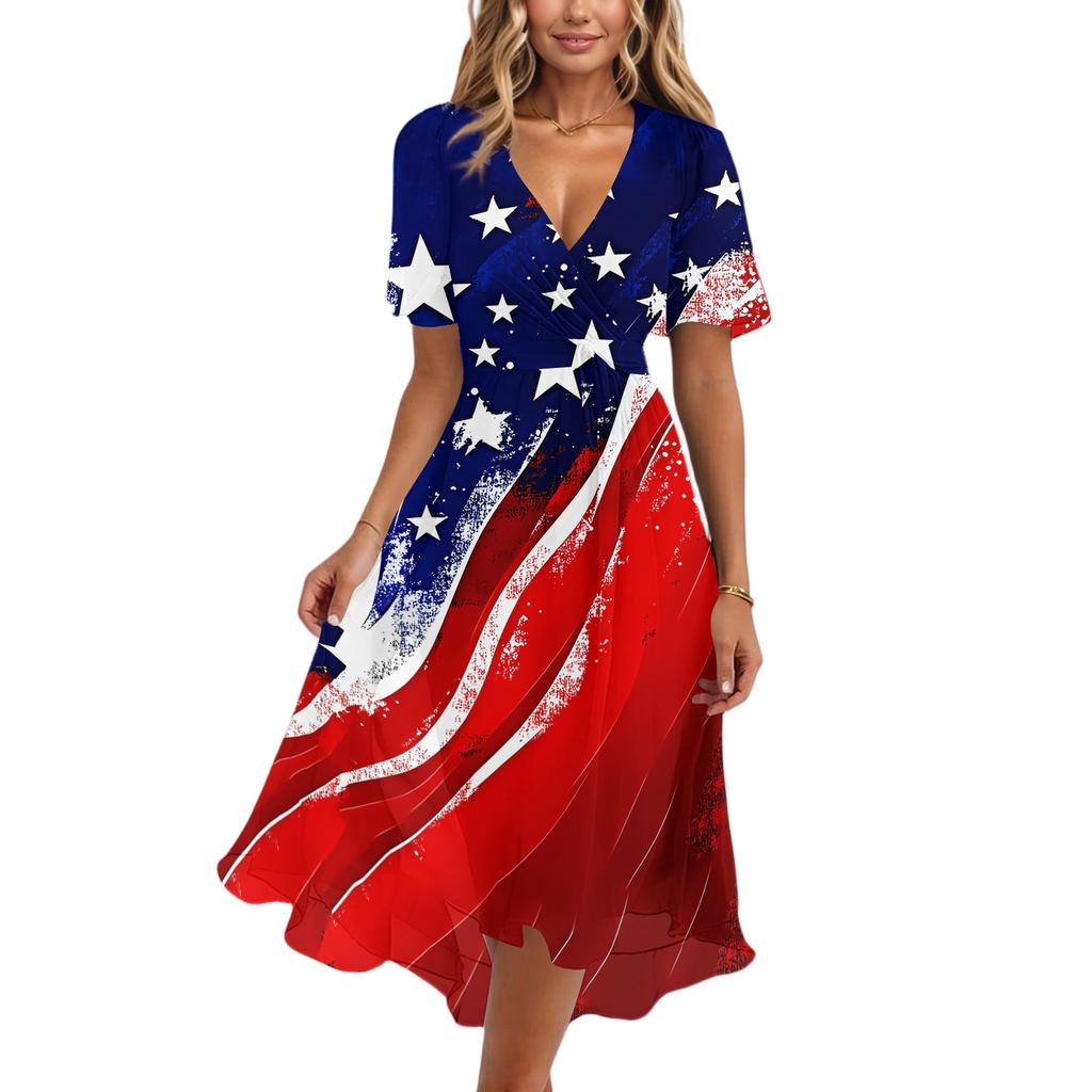 Women's Casual V-Neck Short-Sleeve Independence Day Print Dress