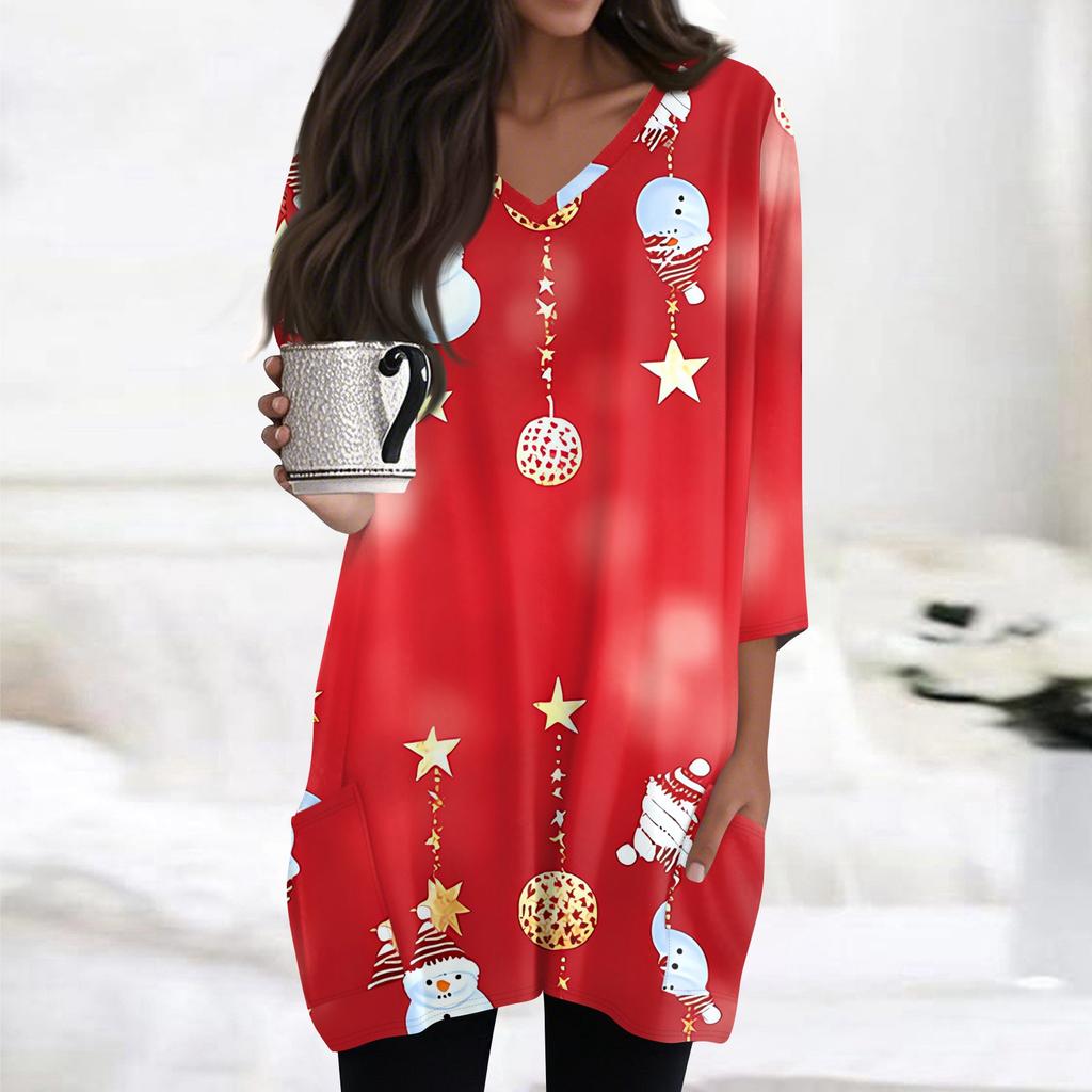 Womens Tops V-neck 3/4 Sleeve Blouses Casual Mid-length Shirts Fashion Christmas Print Tunic Tops With Pockets