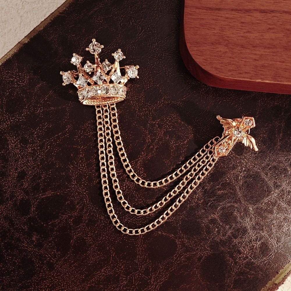 Rhinestone Crown Tassel Brooch Chain Suit Lapel Pin Temperament Suit Collar Pin  Ceremony Banquet