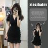 Black v-neck bubble sleeve dress women's summer niche design fishtail skirt Korean style