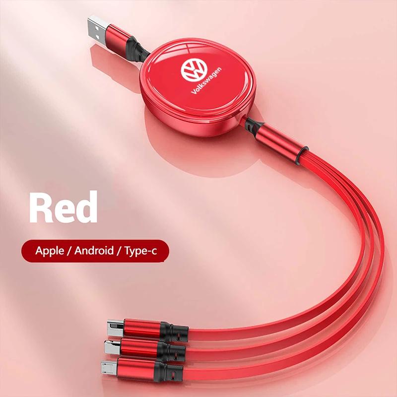 For VW 3In1 Retractable 100W Fast Charge Cable For iPhone USB Type C/Micro For Volkswagen VW R-line GTI R Polo Golf Passat Tig