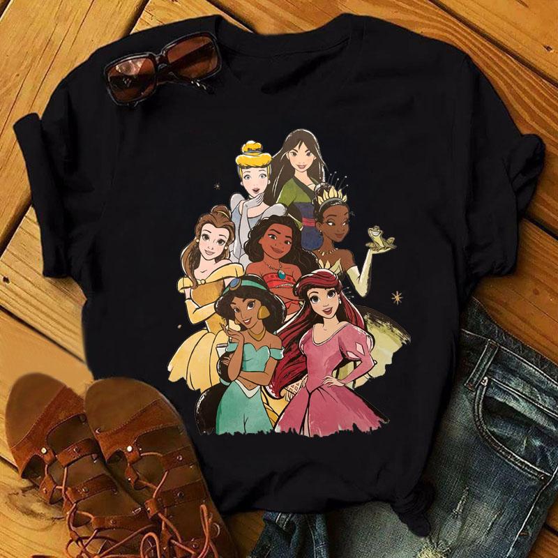 Disney Cartoon Princess Printed Women T-shirt Kawaii Graphic Printed T Shirt Summer Casual Short Sleeve Female Tops Tshirt Tees