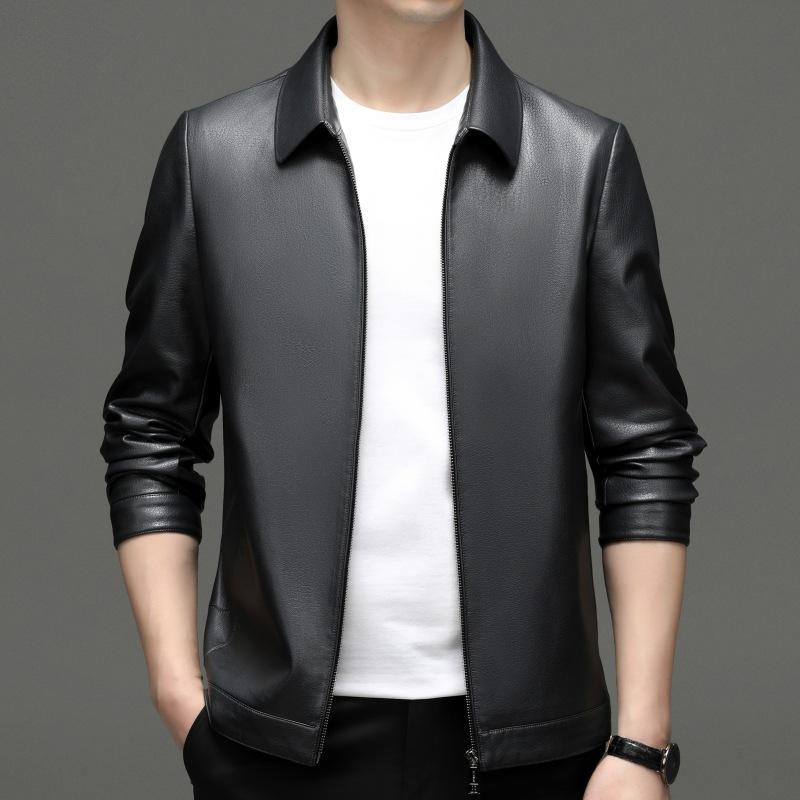 New Genuine Leather Jacket Men's Short Lapel Leather Jacket Sheepskin Casual Slim Autumn and Winter Plush Jacket