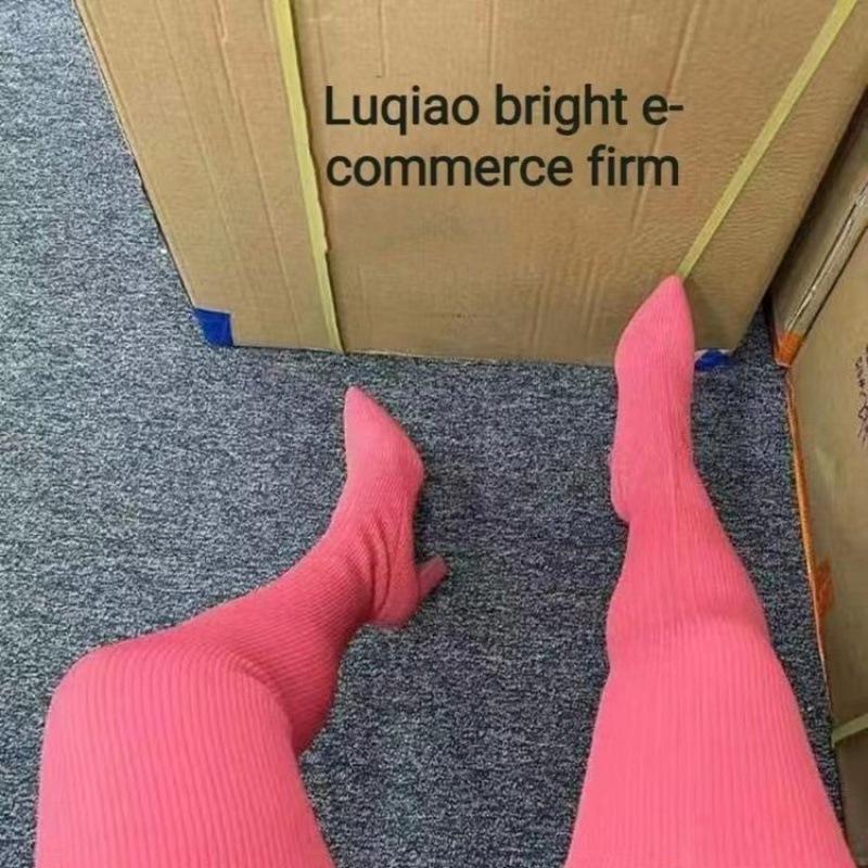 Autumn and winter pointed thick heel knitted knee boots women's European, American foreign trade large size elastic wool socks long boots