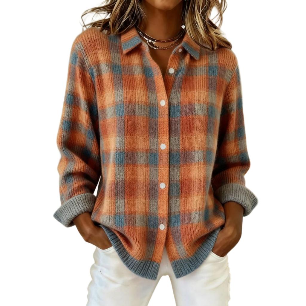 Damen Karomuster Langarm Reverskragen Hemd Cardigan Pullover, Lockere Passform für Herbst Winter