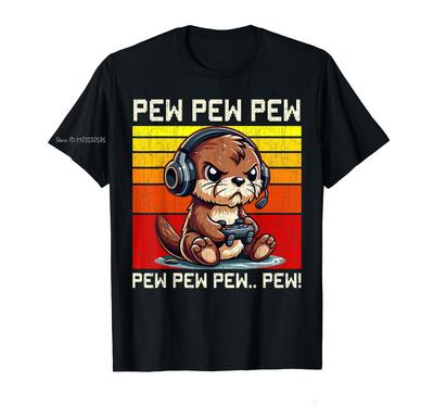 Otter Gamer Pew Funny Video Games Vintage Boys Cotton Tshirt Girls Unisex Tops Tees Animal Cute Oversized Tshirt Unisexs Clothing