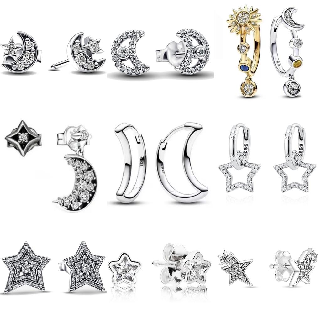 925 Silver Star Moon Earring Set, Sun Moon Star/Zircon Inlaid Design Vintage Trendy Stud Huggie Earrings for Women