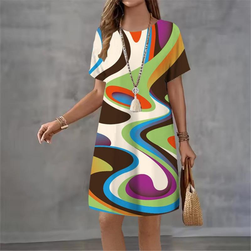 Abstract Print Dress Summer Fashion Pullover Short Sleeve Loose A-Line Dress Casual O-Neck Ladies Short Dress