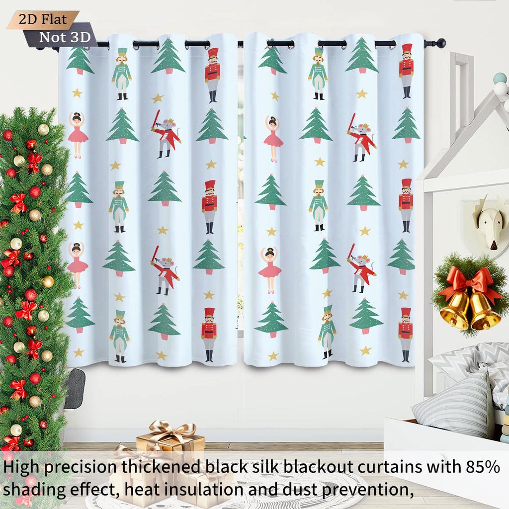 2Pcs Merry Christmas Nutcracker Printed Blackout Curtains Multi Size Living Room Insulation Holiday Decoration Easy To Install