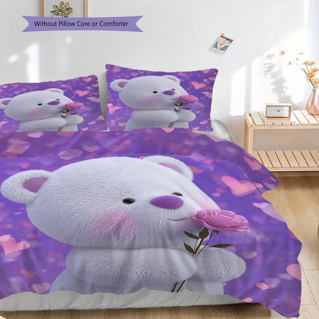 Bear Doll Pattern Bedding Quilt Set Quilt Cover Pillowcase Home Decoration Birthday Gift (1 * Duvet Cover + 2 * Pillowcase, Without Core)