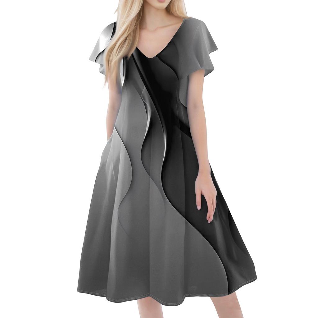 Women's Casual Fashion V-neck Short Sleeve Print Dress With Pockets