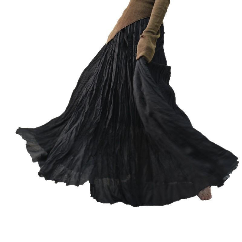 Women's Linen Maxi Skirts Summer Boho Solid Beach Elastic High Waist Pleated A-Line Flowy Swing Long Maxi Skirts Elastic Waist Long Skirt for Women